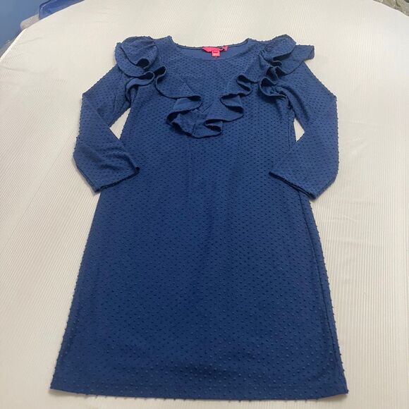 Lilly Pulitzer Pheby Oyster Bay Navy Blue Cozy Knit Swiss Dot Ruffle Dress Small - Picture 1 of 7